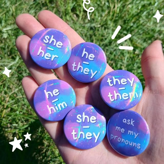 Pronoun Button Badge With Rainbow Holographic Effect