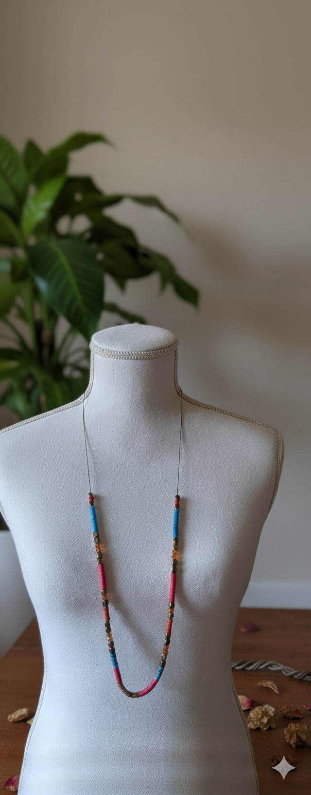 Sautoir fushia et bleu doré