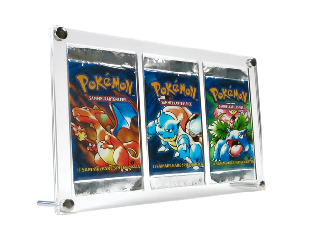Acrílico Sobres Pokemon 3x, tanto vintage como moderno, con soporte de marco de patas metálicas