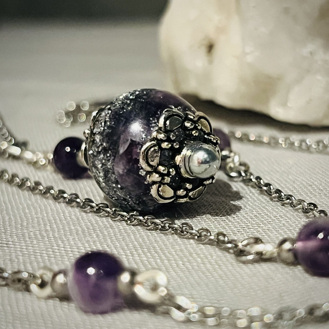 Crystal Energy Sphere Drop Pendant with Amethyst Quartz/metal shavings & Infinity Symbol