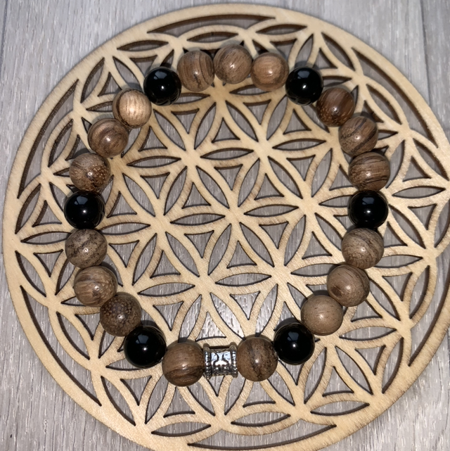 Bracelet bois et obsidienne noire 