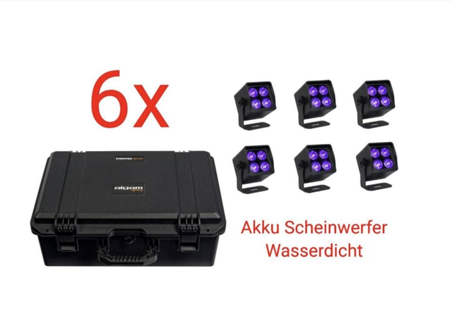 6x Algam Lighting EVENTPAR 44 QUAD RGBWW IP65 Akkuscheinwerfer KOFFER