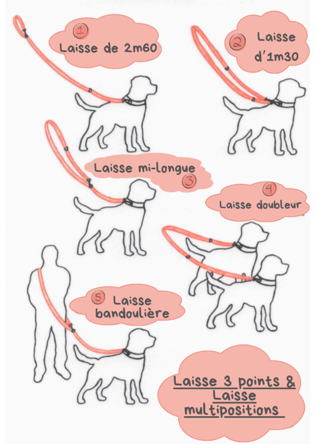 Laisse 3 points nuance de rouge / rose / noir