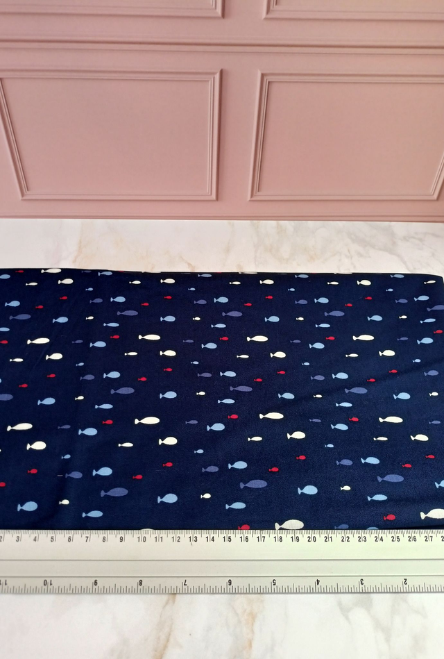 Tissu coton bleu marine/poissons