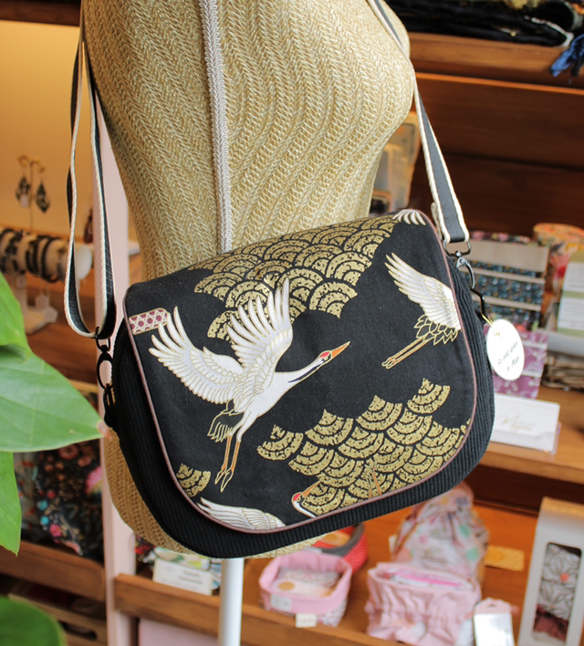 Sac bandoulière velours côtelé motif grues / Le petit atelier de Maya