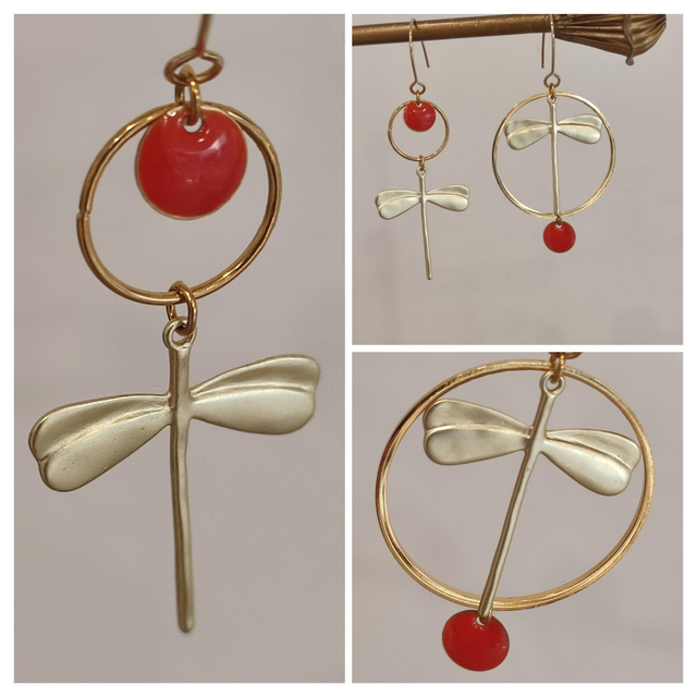 Boucles asymétriques email orange et libellule, acier inoxydable doré -sans nickel, pièce unique 