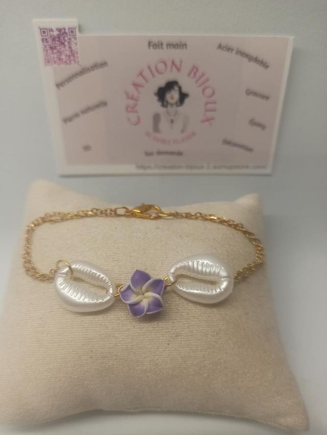 Bracelet perle coquillage,fleur violette 