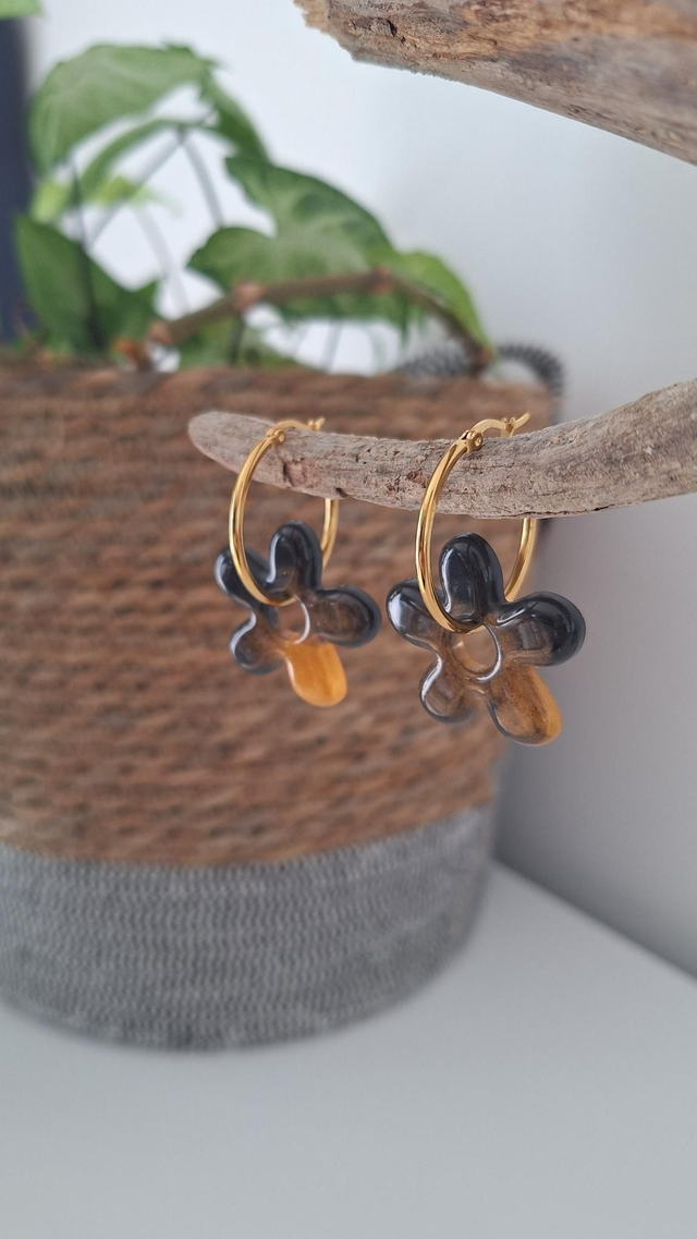 Créoles dorées fleurs dorées/noires