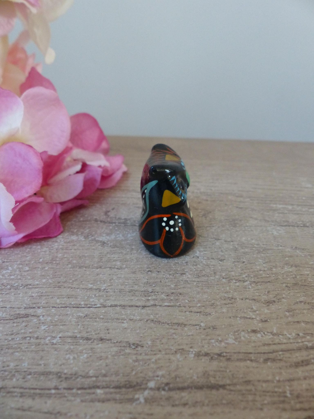 Figurine hibou miniature en plâtre peint à la main noir et bleu vintage, hibou de collection porte bonheur, chouette cadeau ami famille