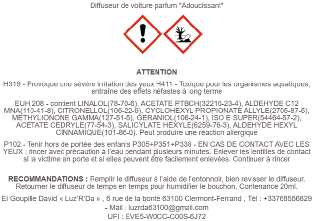 Diffuseur de parfum pour voiture "Adoucissant"