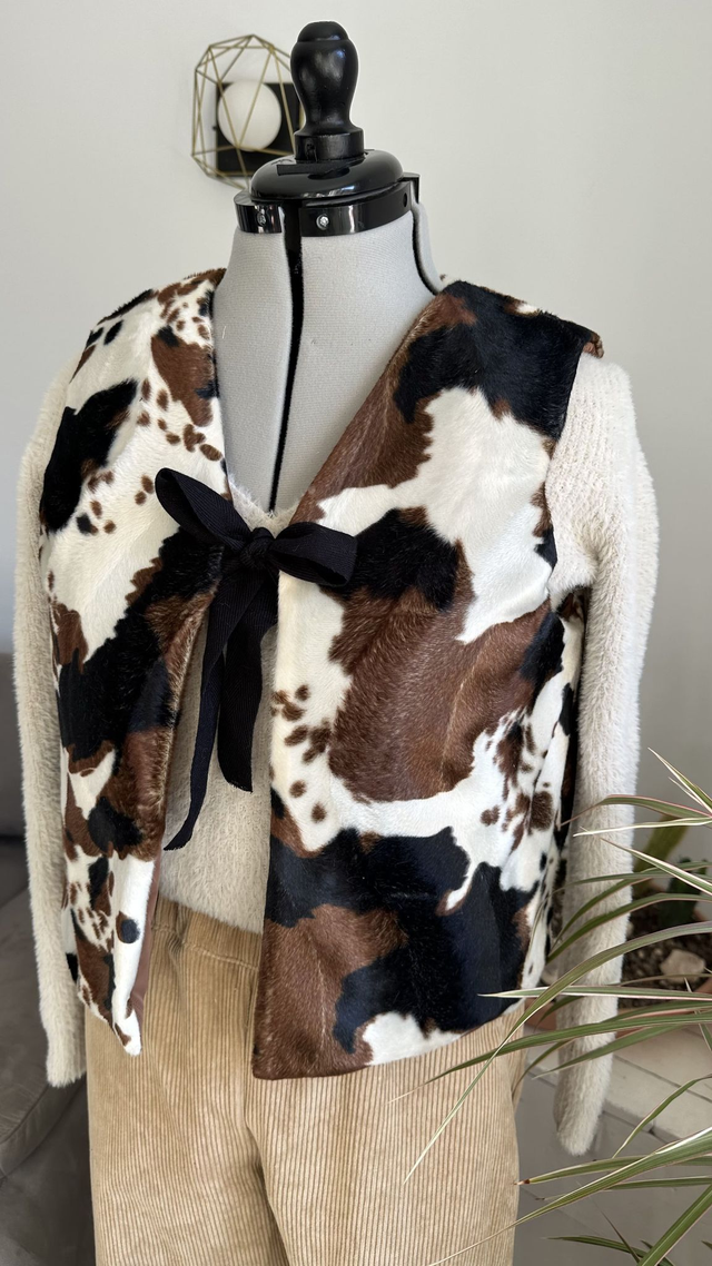 Doudoune sans manches réversible marron et motifs vache