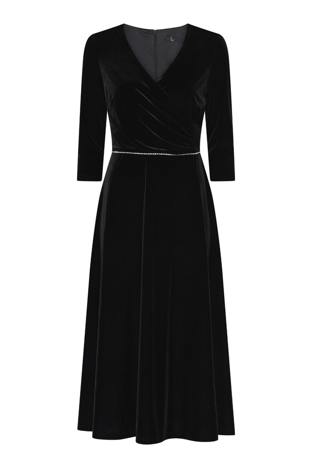 TIA Black Velvet V Neck Dress With Diamante Waist Detail