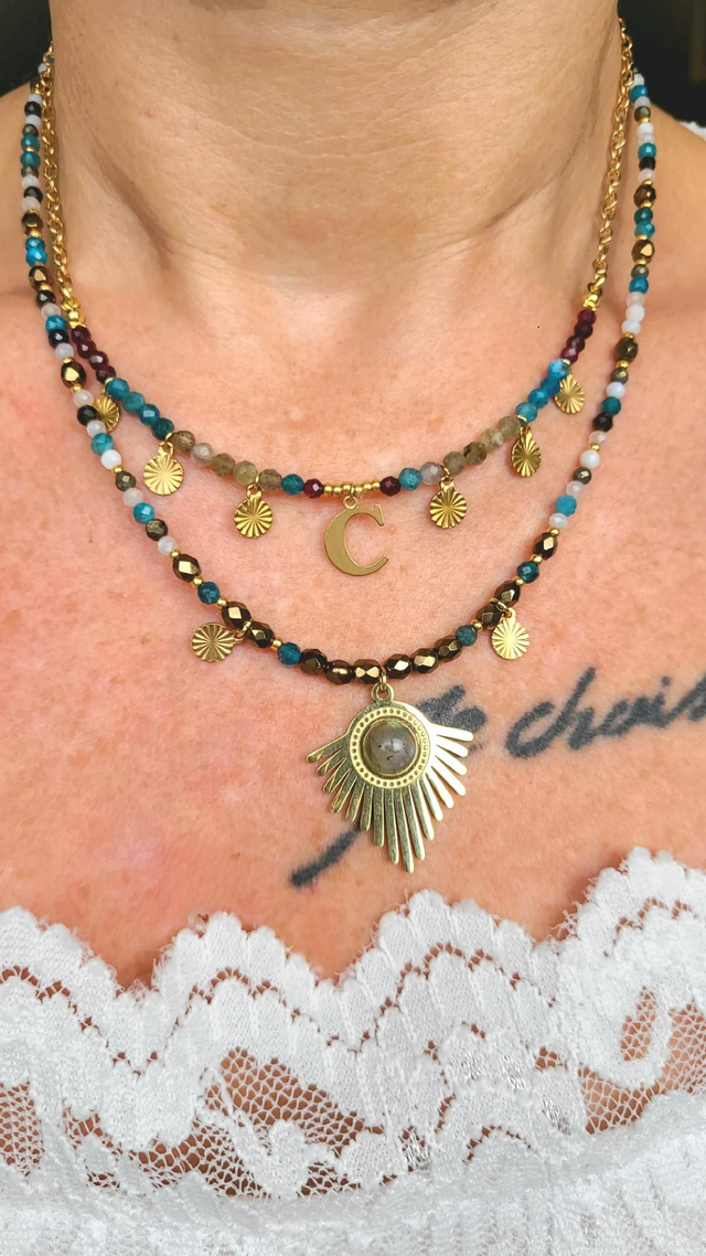 Collier Apatite • Œil de Faucon • Pyrite • Quartz Rose • Pierre de Lune • Labradorite – Harmonie & Clarté