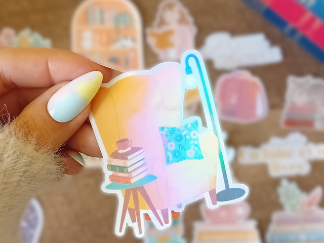 Sticker Holographique Waterproof - Fauteuil Jaune Moutarde avec Livres