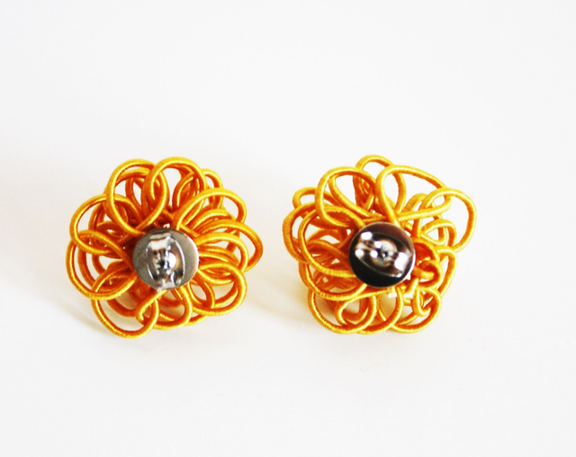 Japanese gold yellow flower earrings, Mizuhiki earrings, Light weight