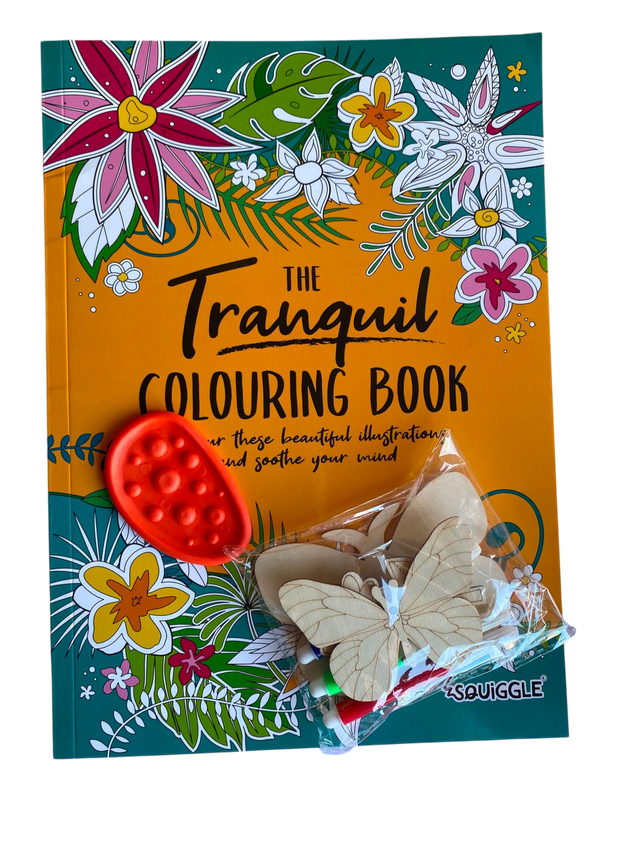 Kids Tranquil Colouring Set – Mindful Activity Book, Wooden Butterfly Craft, Markers &amp; Pop Toy  