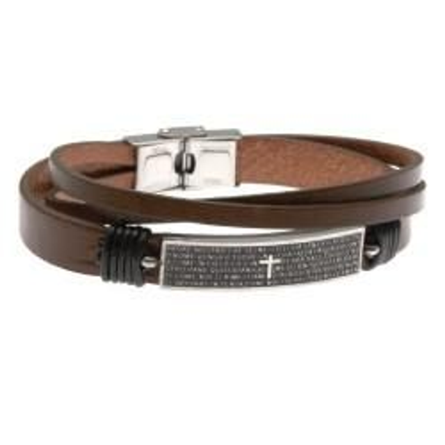 Bracciale uomo in pelle marrone con souvenir religioso 