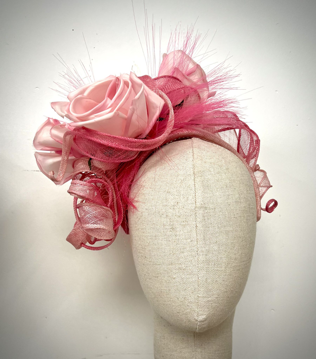 Pink ombre sinamay headpiece with 3 silk roses &amp; crin trim