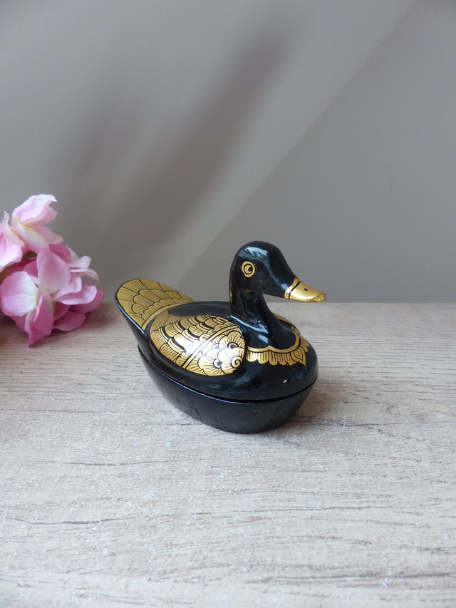 Vintage Boite Canard, boîte de bibelots, boite à bijoux canard noir et or, boîte de canard laqué, figurine canard noir, décoration chambre