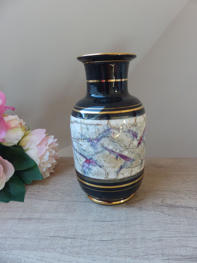 Vase vintage noir et doré en céramique marbrée – style oriental art déco – décoration élégante, pièce numérotée, cadeau pour amateur d’art