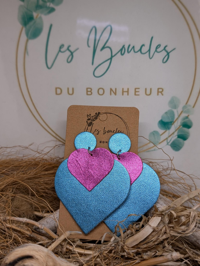 Boucles d&#039;oreilles Double coeur  bleu fushia dc058
