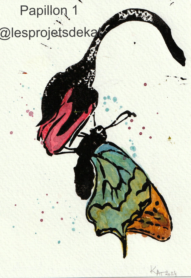 Fleur et papillon - Linogravure & Aquarelle