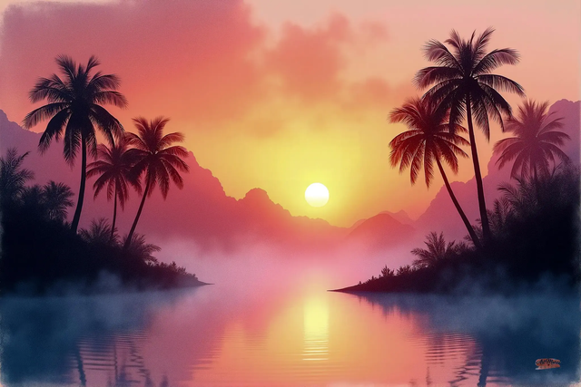 Tableau Aquarelle Oasis 🌅 | Lever du Soleil &amp; Palmiers – Déco Murale Zen 🎨✨