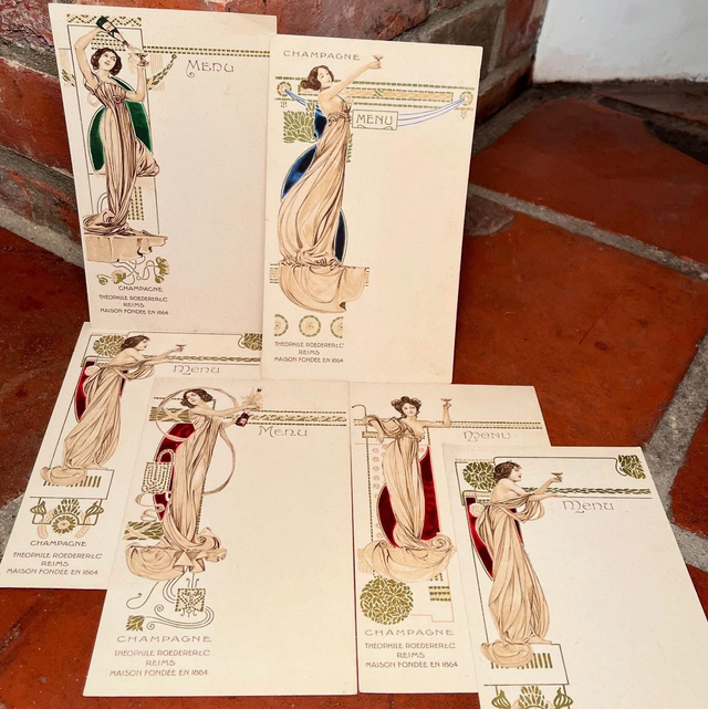 Set of Six Original French Art Nouveau Champagne Menu Cards