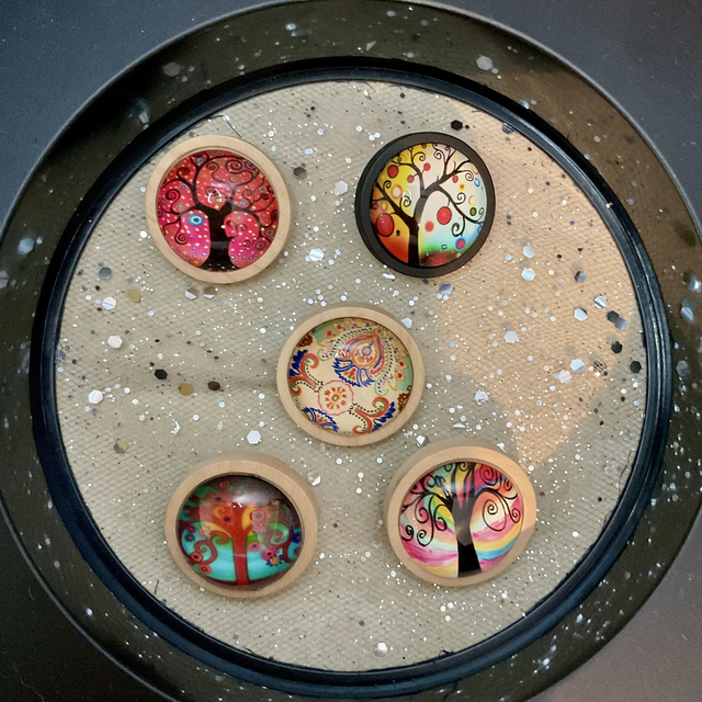 Handmade colourful brooches. Beautiful printed cabochon design.
