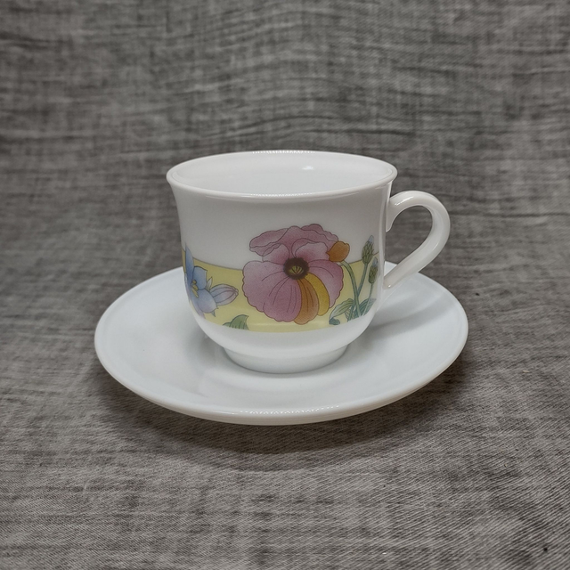 Arcopal | Kop en Schotel  (Kop diameter 7 | hoogte 6,5 | Schotel diameter 12,5 | hoogte 2 cm) wit met veldbloem motief  | Vintage