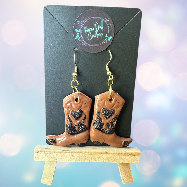 Tan/Black Glitter Polymer Clay Cowboy Boot Earrings