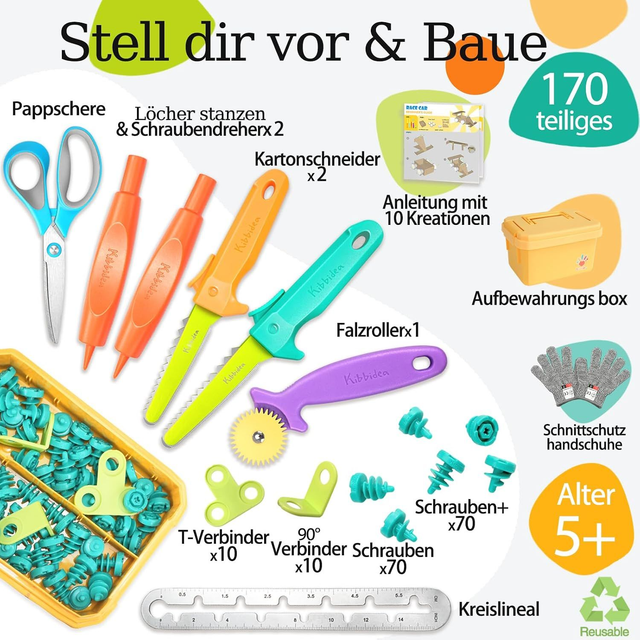 Kibbidea Karton-Baukasten – 170-teiliges Werkzeugset mit Ideenheft