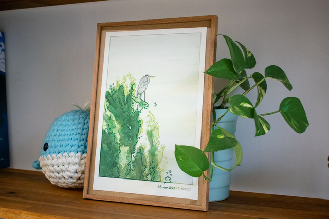 Héron cendré - Aquarelle et crayons de couleurs - 21x29.7 cm