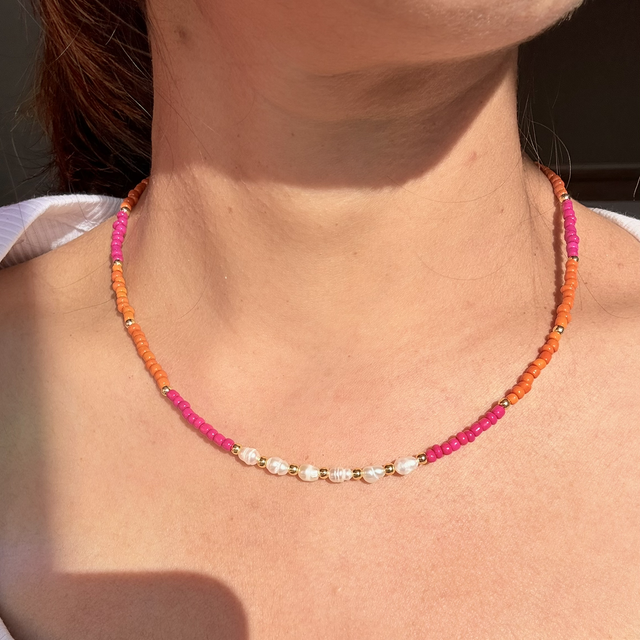 GIGI - Pink & Orange Pearl Beaded Choker Style Necklace