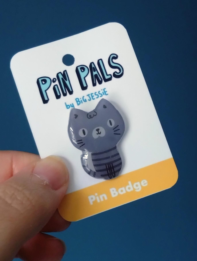 Grey stripe cat pin badge