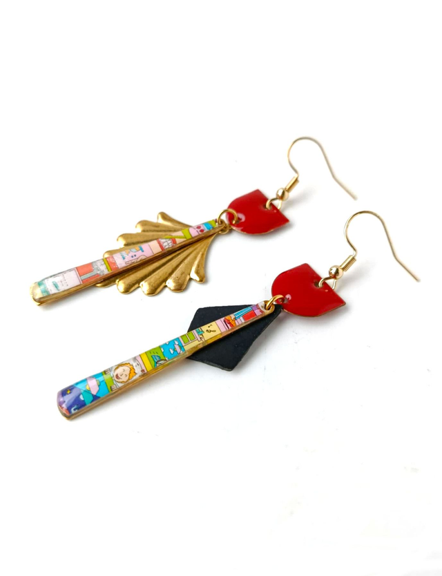 Boucles d'oreilles Asymétriques Upcyclées en Chambre à Air et Papier Recyclés - Asiatiques