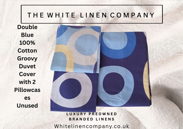 Double Blue 100% Cotton Groovy Duvet Cover with 2 Pillowcases - New Unused