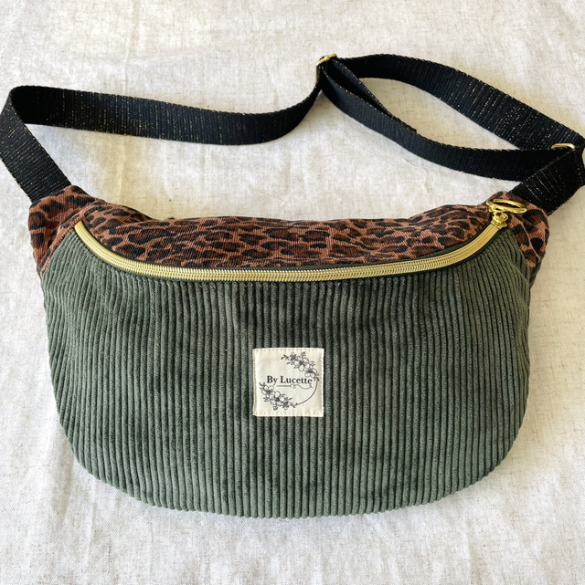 Sac banane en velours léopard et kaki XL