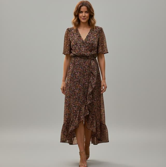 Robe Longue Portefeuille à Imprimé Fleuri et Volants – Style Bohème Chic