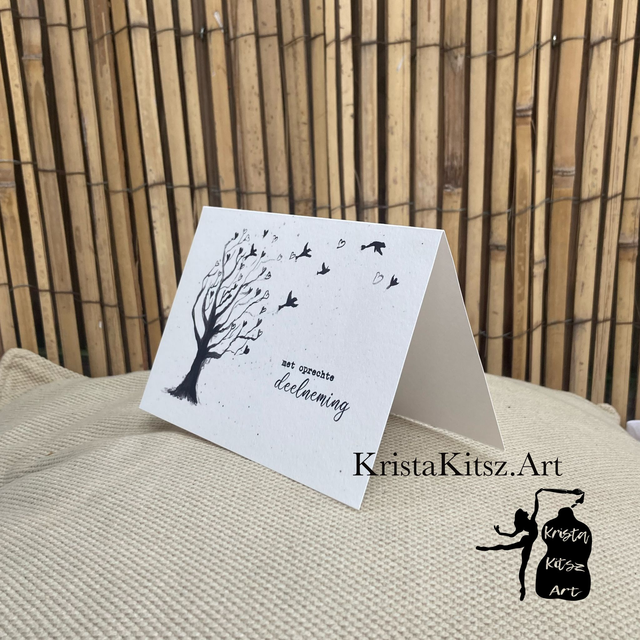 Gevouwen condoleance kaart, Oprechte deelneming , boom en vogels