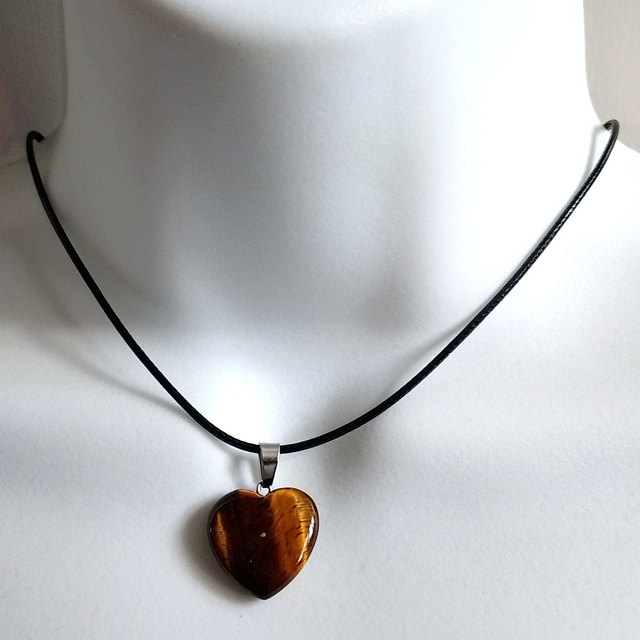 PU Leather Adjustable Necklace With Natural Tiger's Eye Heart Pendant