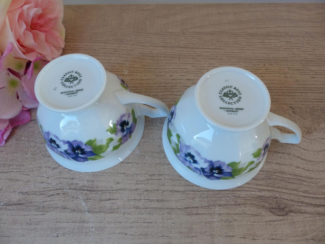Deux tasses à café porcelaine Rosenthal Collection Classic, Allemagne, tasses romantiques fleurs pensées violettes, cadeau couple ami maison