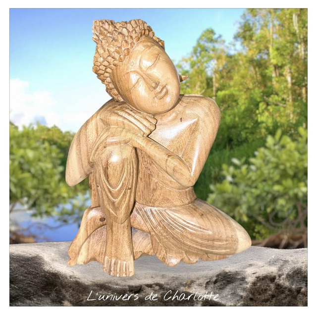 Statue &quot;Bouddha Penseur&quot; 30 cm en bois sculpté à la main