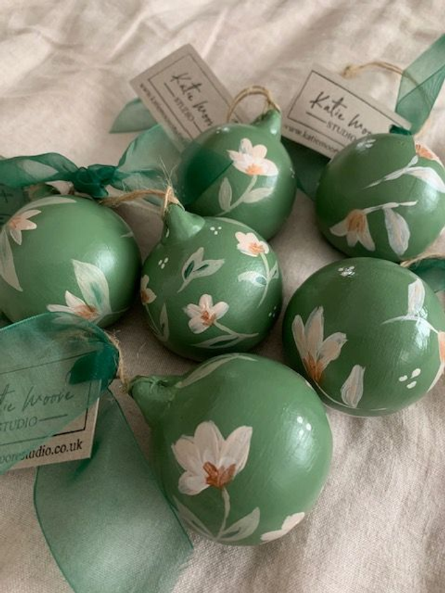 Green Hand Painted Ceramic Baubles