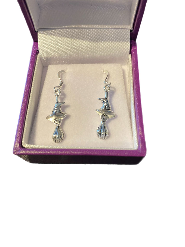 Sterling Silver Witch hat pentacle broom drop earrings
