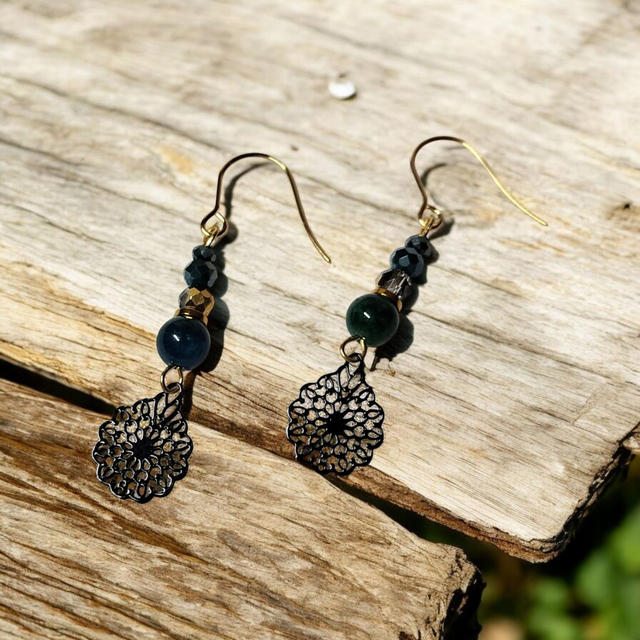Boucles d&#039;oreilles vert noir acier inoxydable