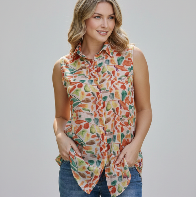 Chemise sans manches à imprimé feuilles d'automne