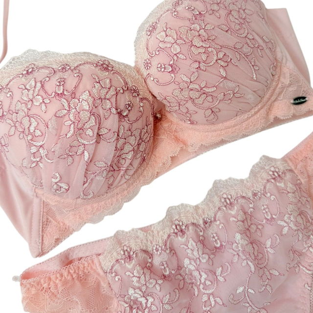 Pink floral embroidered Japanese Bra + Underwear Set UK 30B    