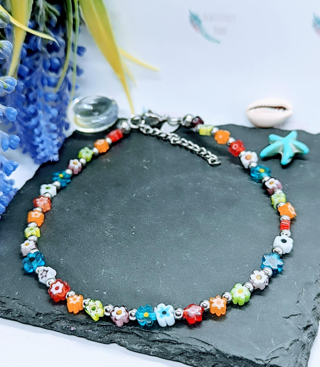 Multicoloured Millefiori Floral Glass Beaded Anklet