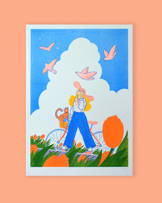 Affiche imprimée en risographie Inktober Tulipe field